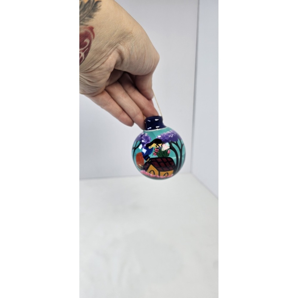 Hand Painted Terracotta Pottery Ball Ornament Couple House Purple Tree  2 1/2 in